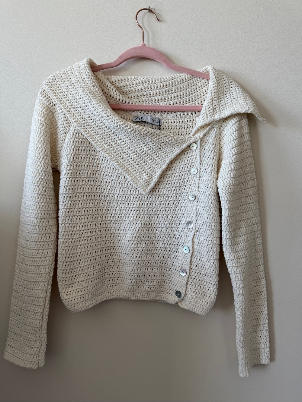 NWT Zara Cream Crocheted Off the Shoulder Button-Front Cardigan Sweater - Picture 7 of 8